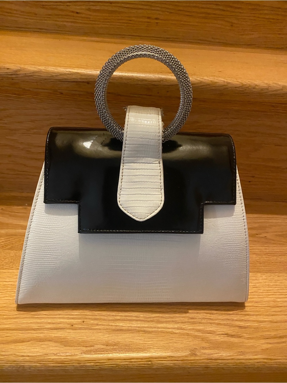 Structured Two-Tone White and Black Top-Handle Women's Bag